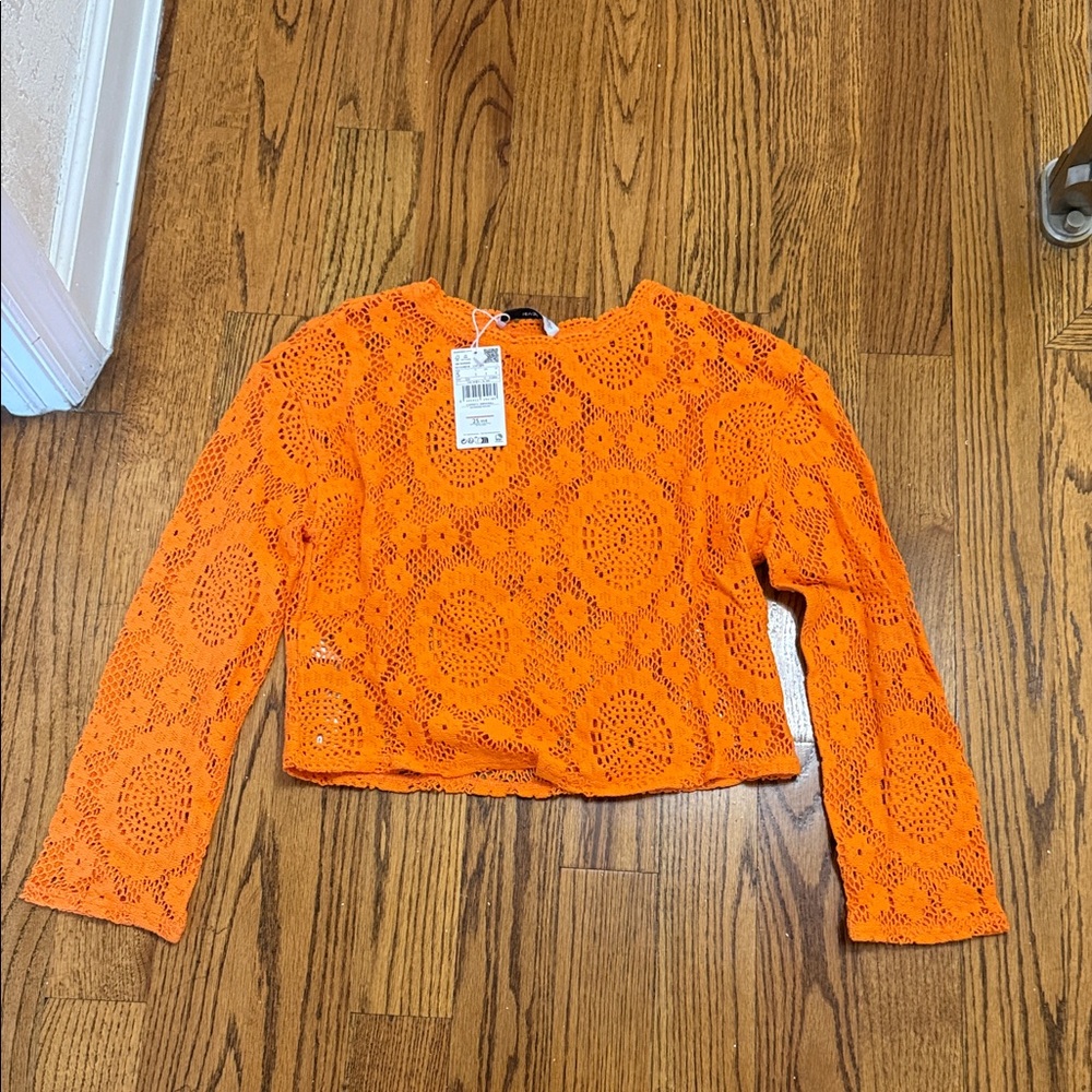 Mango Bright Orange Lace/Crochet Top BNWT